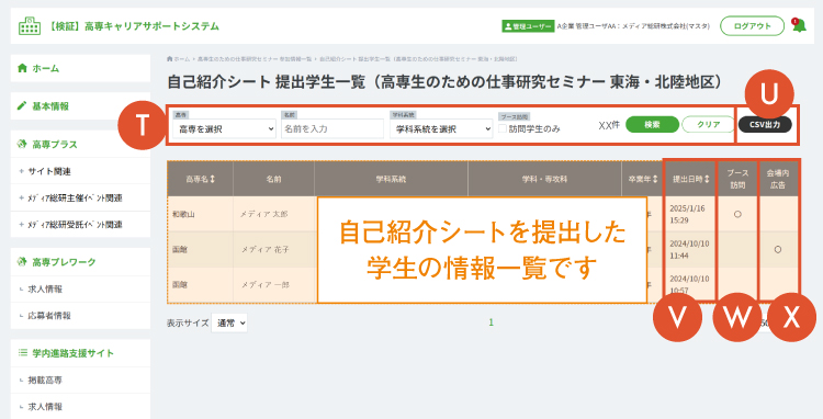 自己紹介シートを提出した学生の情報一覧です